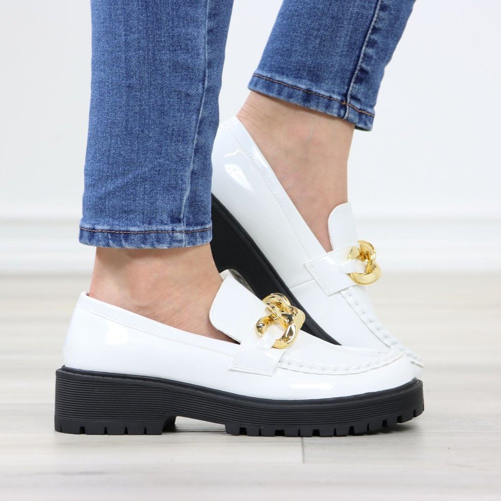White Patent Chunky Lug Sole Slip On Penny Loafers Platform With Gold Chain - Picture 3 of 16
